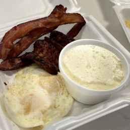 House breakfast with grits, and maple sausage