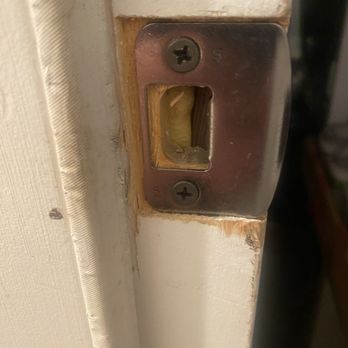 Family Security Locksmith - Latch strike plate that Kenny replaced and made secure. Longer screws added too! - Keys & Locksmiths Near Me Family Security Locksmith - Latch strike plate that Kenny replaced and made secure. Longer screws added too! - Keys & Locksmiths Near Me