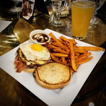 Bricks & Barrels - The Hangover Burger with Sweet Potato fries and maple syrup garlic aioli. - Seafood Near Me - Charleston, West Virginia Bricks & Barrels - The Hangover Burger with Sweet Potato fries and maple syrup garlic aioli. - Seafood Near Me - Charleston, West Virginia