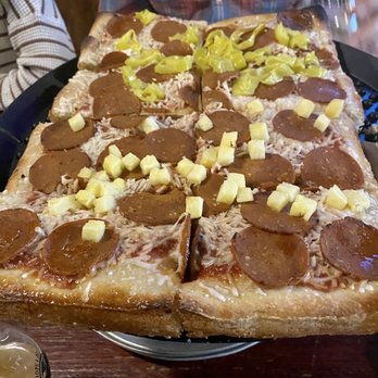 Hops & Pie - Sourdough Sicilian with vegan cheese, vegan pepperoni, and half pineapple (fresh!) and half banana peppers - Pizza Near Me - Denver, Colorado Hops & Pie - Sourdough Sicilian with vegan cheese, vegan pepperoni, and half pineapple (fresh!) and half banana peppers - Pizza Near Me - Denver, Colorado