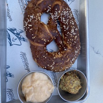 Humdinger Brewing - Grover Beach Sourdough Pretzel with beer cheese and stone ground mustard - New American Near Me - Arroyo Grande, California Humdinger Brewing - Grover Beach Sourdough Pretzel with beer cheese and stone ground mustard - New American Near Me - Arroyo Grande, California