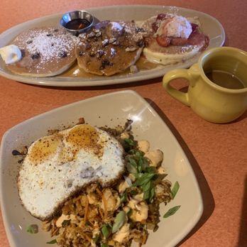 Snooze, an A.M. Eatery - Pancake flight with chocolate chip, cinnamon, and strawberry shortcake!  Seasonal fried rice (sub soyrizo).  Honey oat latte - Breakfast & Brunch Near Me - Tustin, California