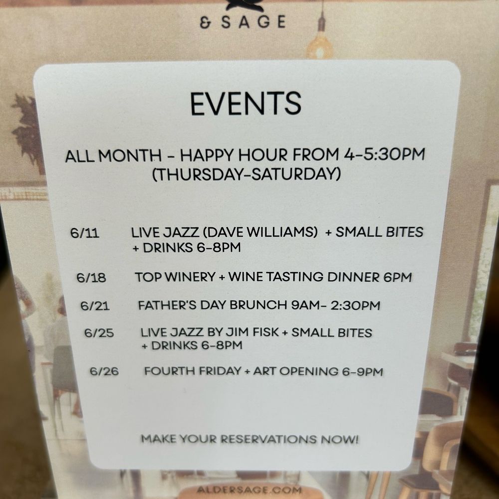 Alder & Sage - A schedule of events happening in June - Breakfast & Brunch Near Me - Long Beach, California