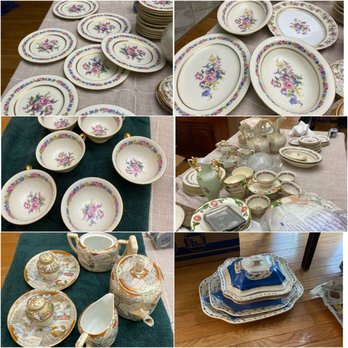 Queen B Organizing - The image displays multiple sets of vintage porcelain dinnerware with floral and decorative motifs. The top left shows a collection of oval and round plates with floral borders, while the top right features oval serving dishes with floral centerpieces. The middle left presents bowls with floral interiors and gold accents, placed on a green cloth. The middle right shows a large assortment of cups, saucers, teapots, and decorative vases on a table. The bottom left highlights a tea set with matching sugar bowls and creamers, and the bottom right contains a stack of blue and white patterned serving trays or platters. All items are arranged on tables and the floor, indicating a collection or sale of vintage china. - Home Organization Near Me - Corvallis, Oregon