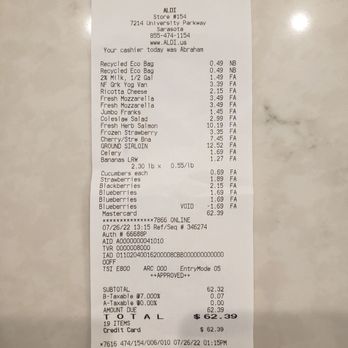 ALDI - a receipt for a grocery store - Grocery Near Me - Lakewood Ranch, Florida