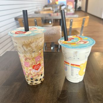 Kung Fu Tea - On the left: honey oolong milk tea with brown sugar boba. On the right, honey oolong milk tea with 50% sugar and aloe jelly. - Bubble Tea Near Me - Bloomington, Indiana