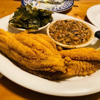 Dixie Kitchen and Bait Shop - Two fried Fresh Catfish Fillets - collard greens - Black-eyed Peas - Southern Near Me - Lansing, Illinois