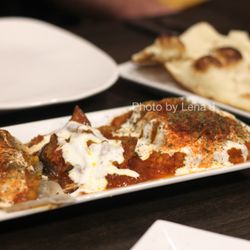Hot Laziz Assortment ($12.99) - Spicy beef dumplings, roasted butternut squash borani, roasted eggplant borani, served w naan.