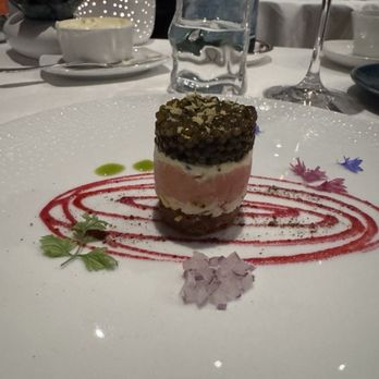 Michael Mina - Caviar parfait with potato cake, diced salmon, horseradish, crème fraîche, and caviar - New American Near Me - Las Vegas, Nevada Michael Mina - Caviar parfait with potato cake, diced salmon, horseradish, crème fraîche, and caviar - New American Near Me - Las Vegas, Nevada