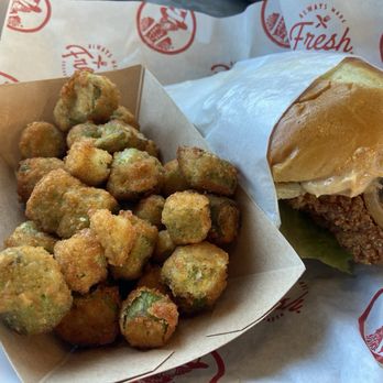 Slim Chickens - Cayenne chicken sandwich with fried okra - Salad Near Me - Glendale, Arizona Slim Chickens - Cayenne chicken sandwich with fried okra - Salad Near Me - Glendale, Arizona