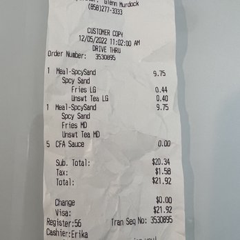 Chick-fil-A - Receipt from today - Fast Food Near Me - San Diego, California Chick-fil-A - Receipt from today - Fast Food Near Me - San Diego, California