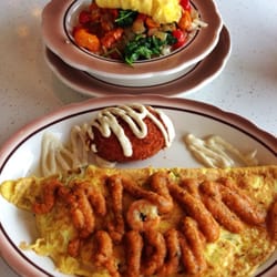 Shrimp, asparagus, & manchego cheese omelet w/ tomatillo sauce & modified Greek hangover(-meat,+onions...aka "Kathi's Hangover")