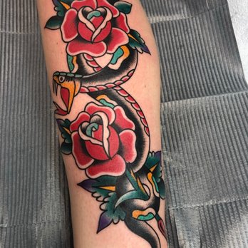 Port Side Tattoo - Snake and roses by Tim - Tattoo Near Me - San Diego, California Port Side Tattoo - Snake and roses by Tim - Tattoo Near Me - San Diego, California