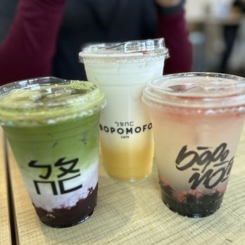 Bopomofo Cafe - Matcha blueberry left, strawberry corn milk drink middle, strawberry basil ginger lemonade right - Bubble Tea Near Me - San Gabriel, California Bopomofo Cafe - Matcha blueberry left, strawberry corn milk drink middle, strawberry basil ginger lemonade right - Bubble Tea Near Me - San Gabriel, California