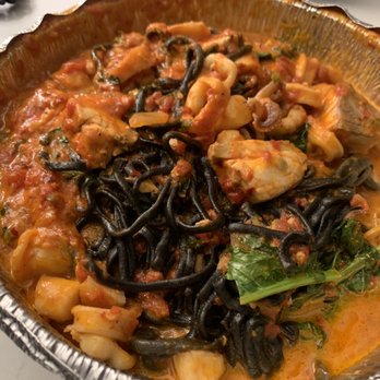 Buon Appetito - Linguine Neri (squid ink pasta w/ sea bass, calamari, scallops, & broccoli rabe in vodka pink sauce) - Italian Near Me - San Diego, California