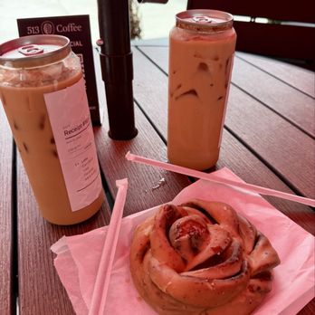 513 Coffee - Chocolate Coffee Bun with vanilla glaze, tiramisu iced latte, & caramel latte - Coffee & Tea Near Me - Covington, Kentucky