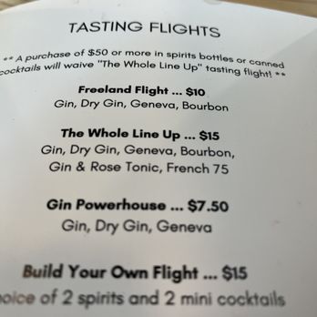 Freeland Spirits - Tasting flight menu - Distilleries Near Me - Portland, Oregon