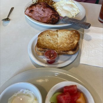Village Cafe - Ham and eggs and poached eggs and fruit - American Near Me - Long Beach, California Village Cafe - Ham and eggs and poached eggs and fruit - American Near Me - Long Beach, California