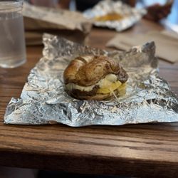 Barry Bagels St. Matthews - Sausage, egg, and provolone cheese on a vanilla cinnamon bagel.