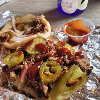 McGinty's BBQ Best Thing Smoking - Brisket sandwich on bun. Added jalepeños. - Barbeque Near Me - Navasota, Texas