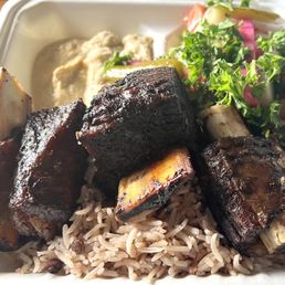 Some of the best food I've had in a long time - beef ribs, lentil rice, baba & hummus, and side veggies. Amazing Some of the best food I've had in a long time - beef ribs, lentil rice, baba & hummus, and side veggies. Amazing