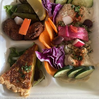 La Mediterranee - $25 mediterranean Meza Family (vegetarian style).  4 grocery style spreads, dry falafel, mass produced dolma & quiche. - Mediterranean Near Me - San Francisco, California