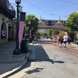 Buena Vista Street. Replica of Hyperion Bridge stretches above the street. Buena Vista Street. Replica of Hyperion Bridge stretches above the street.