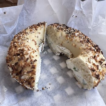 5th Ave Bagelry - Works bagel with chive cream cheese. - Bagels Near Me - Upland, California