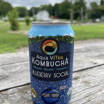 Langwater Farm - Cool teas - A can of Aqua ViTea Kombucha Blueberry Social is placed on a weathered wooden surface outdoors, with a blurred background of trees and cloudy sky. - CSA Near Me - Easton, Massachusetts