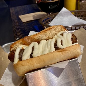 Bangers & Brews - Westside - Duck and Bacon with Jalapeo Sausage with garlic aioli. - German Near Me - Bend, Oregon Bangers & Brews - Westside - Duck and Bacon with Jalapeo Sausage with garlic aioli. - German Near Me - Bend, Oregon