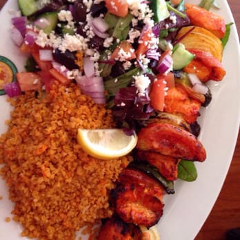 Panini Kabob Grill - Chicken kabob with Greek salad and bulgar wheat pilaf, approx $13 - Mediterranean Near Me - Irvine, California Panini Kabob Grill - Chicken kabob with Greek salad and bulgar wheat pilaf, approx $13 - Mediterranean Near Me - Irvine, California