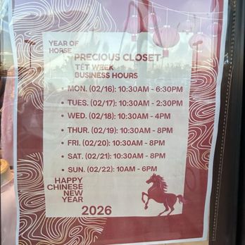 Precious Closet - Lunar New Year Hours - Women's Clothing Near Me - Garden Grove, California Precious Closet - Lunar New Year Hours - Women's Clothing Near Me - Garden Grove, California