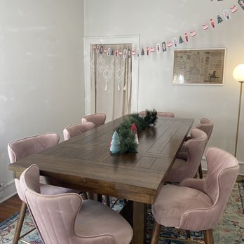 Evvy’s Coffeehouse - a dining table with pink chairs - Coffee & Tea Near Me - La Porte, Indiana