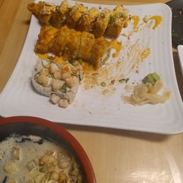 3 roll special, t.k.e roll, golden tiger roll, my fav crazy boi roll, comes with salad and miso soup