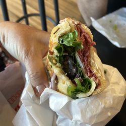 Subs N' Sips - Pastrami and provolone with spinach, red onion, bell peppers and olives. Yum!