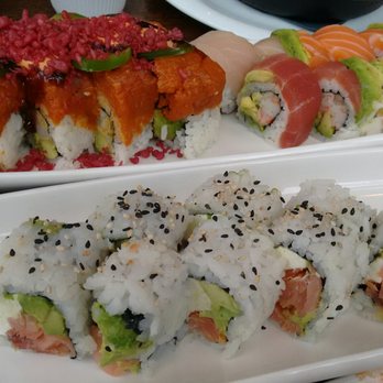 Sushi Rock - Dragon crunch roll, rainbow roll, and Philadelphia roll (top right, left, then bottom) - Sushi Bars Near Me - Arlington, Virginia Sushi Rock - Dragon crunch roll, rainbow roll, and Philadelphia roll (top right, left, then bottom) - Sushi Bars Near Me - Arlington, Virginia