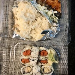 Salmon and 2 rolls lunch. Miso included but not pictured