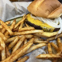 Liberty Restaurant & Bar - Cheeseburger with Onions!  Crispy fries on the side