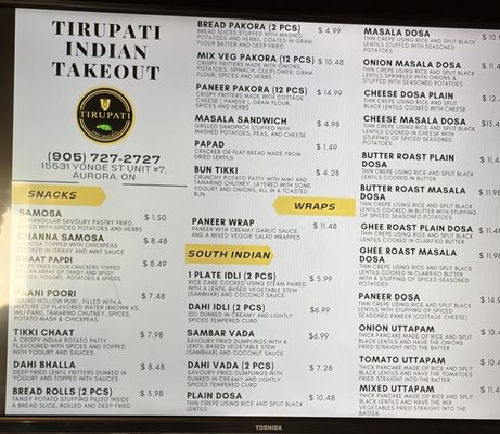 Menu photo 1 Tirupati Aurora, ON Menu photo 1 Tirupati Aurora, ON