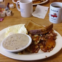 A great place to eat in West Milton! Eggs, Corned Beef Hash, Potatoes, Sausage Gravy, and Coffee.