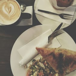 Ergo Cafe Marion - Spinach & feta triangle, blueberry muffin and large flat white.