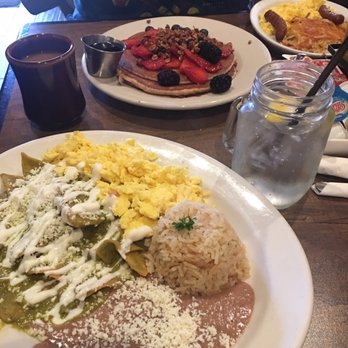 Cafe De Olla - Chilaquilles and wheat pancakes with granola and berries. - American Near Me - Burbank, California