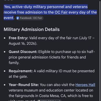OC Fair & Event Center - Saying Active Military and Veterans get in Free. - Festivals Near Me - Costa Mesa, California OC Fair & Event Center - Saying Active Military and Veterans get in Free. - Festivals Near Me - Costa Mesa, California