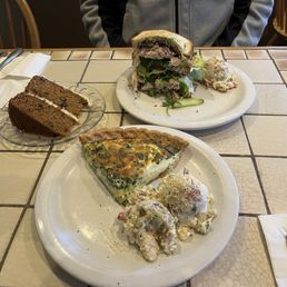 Spinach Quiche, West Coast Sandwich with Added Smoked Chicken and Carrot Cake. Spinach Quiche, West Coast Sandwich with Added Smoked Chicken and Carrot Cake.