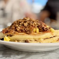 Shorehouse Kitchen - Mango pancakes with granola and guava syrup
