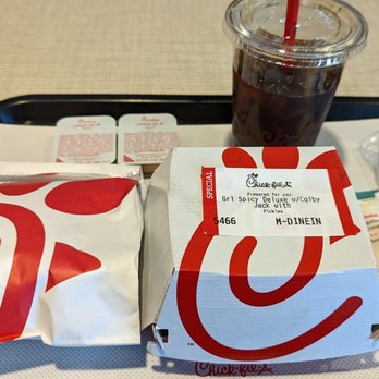 Chick-fil-A - Chick-fil-A sandwich, grilled spicy deluxe sandwich with Colby Jack cheese, iced coffee with vanilla - Fast Food Near Me - Allen Park, Michigan