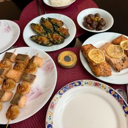 Yummy Market - Shrimp-Fish Souvlaki (left),  Muscle Florentine (top left), Lemon Herb Baked Salmon Fillet (right)