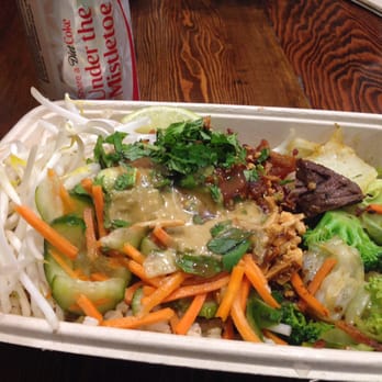 Asian Box - Brown rice, beef, all toppings except jalapenos, extra bean sprouts, tamarind vinaigrette, peanut sauce. And a diet coke! - Vietnamese Near Me - Mountain View, California