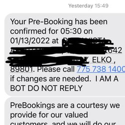 Elko Taxi Service - Confirmation text of taxi ride that never came, as a driver never accepted, but they never informed me.