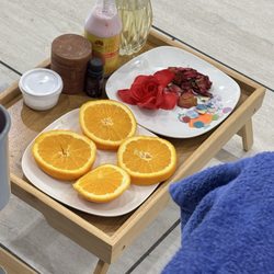 Noire The Nail Bar - Orange pedicure! Vitamin C is good for the skin! The tray is so cute